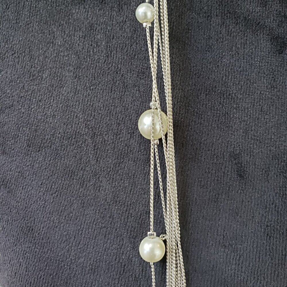 Womens Silver Tone Multi Layered Chains Dainty Faux Pearl Necklace with Lobster - Picture 5 of 7